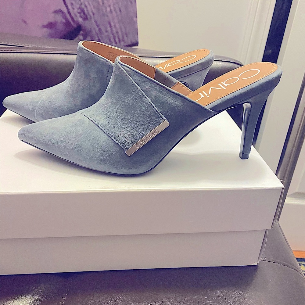 Calvin Klein suede light gray mules 3inch heels Brand New New In Box
